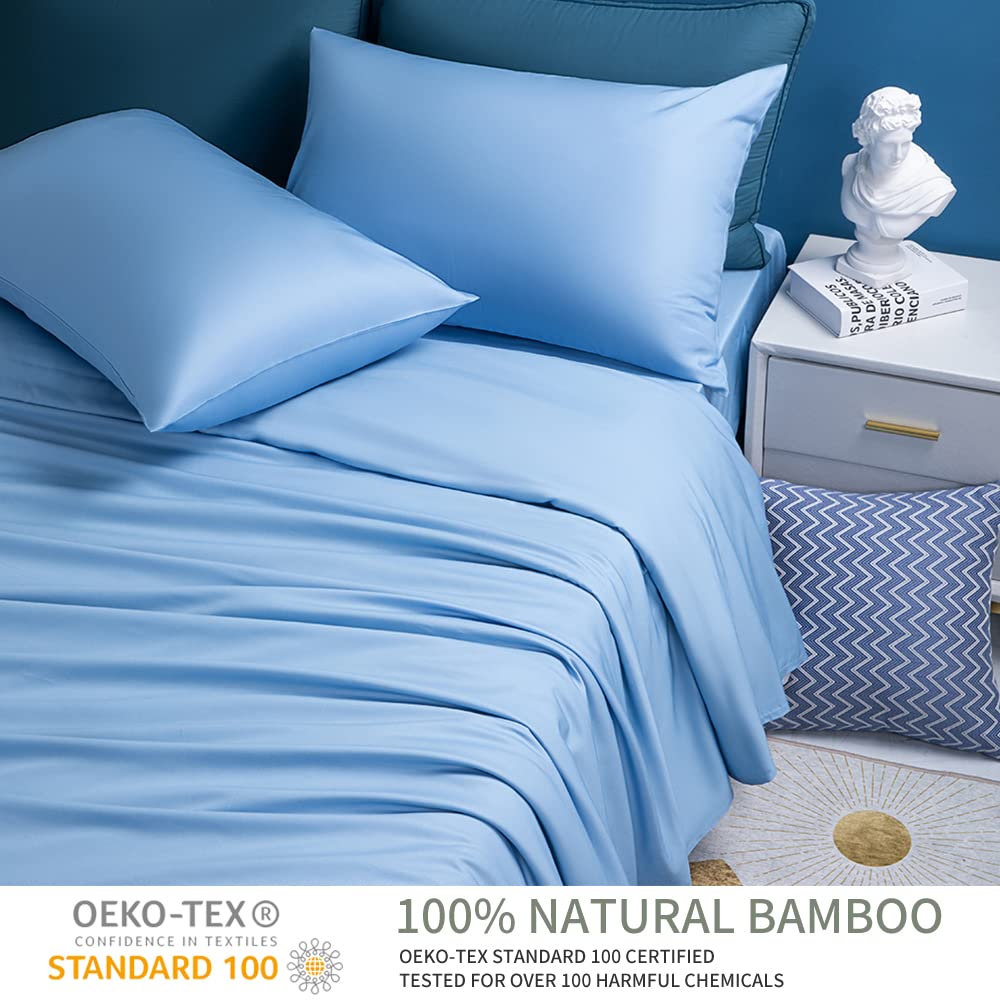 Shilucheng 100% Cooling Bamboo_ Sheets Set- Queen Size 1800 Thread Count Soft Bed Sheets,16 Inch Deep Pocket,Breathable,Comfortable And Pilling Resistant -4Pc(Queen,Lake Blue)